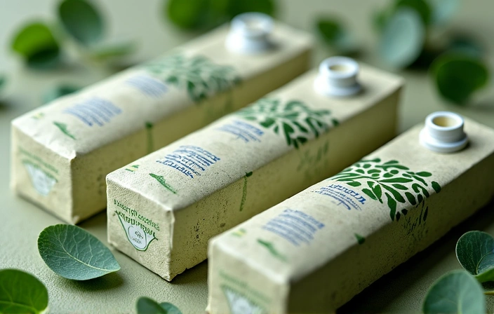 Eco-friendly packaging for natural products, with green leaves and recycled material textures