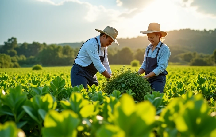 Farmers harvesting natural ingredients in a lush, green field
