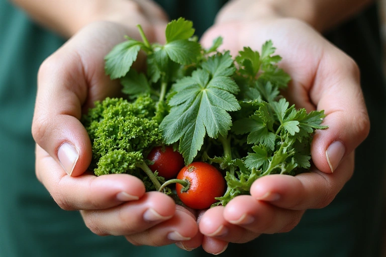 Hands holding a variety of natural herbs and plants, symbolizing HerboMax's commitment to natural ingredients