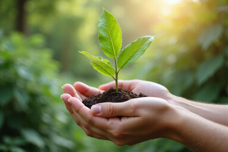 Symbolic image of a tree growing out of cupped hands, representing environmental care and growth