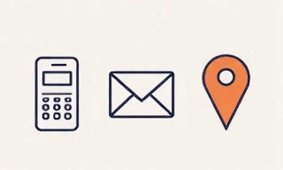 Illustration of contact icons like phone, email, and address